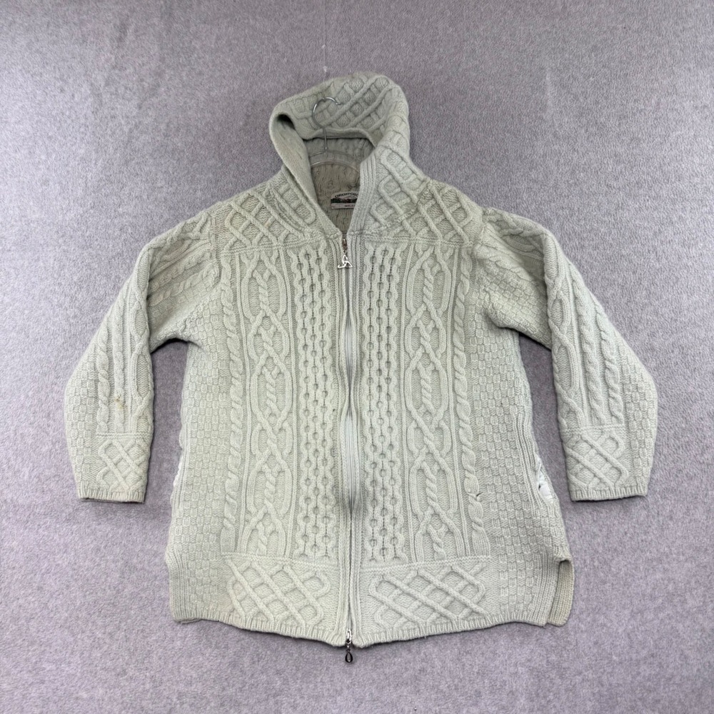 Aran Crafts Hooded Cardigan Sweater Womens M Cream Merino Wool Cable Knit Zip